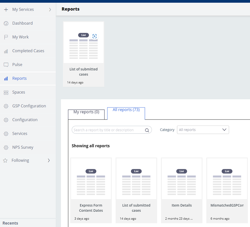 Screenshot of the reports page from the Business Connect platform admin portal. Full description of image content found below this image.