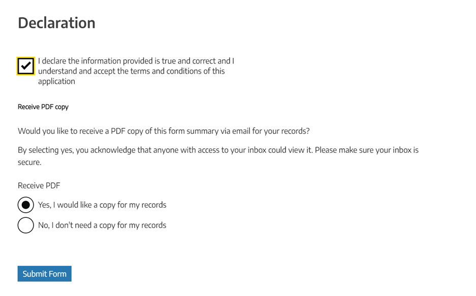 Screenshot of a declaration section with a statement affirming the information provided is true and correct and I understand and accept the terms and conditions of this application. Full description of image content found below this image.