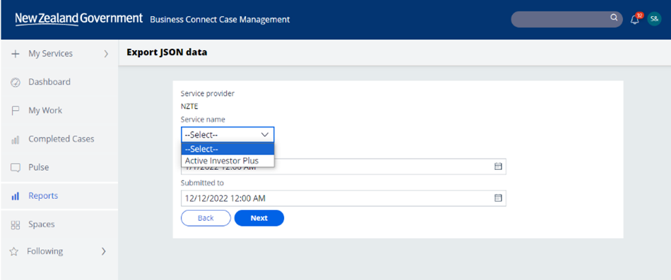 Screenshot from the Business Connect Case Management reporting area demonstrating the selection of data ranges in relation to the exporting of JSON data.