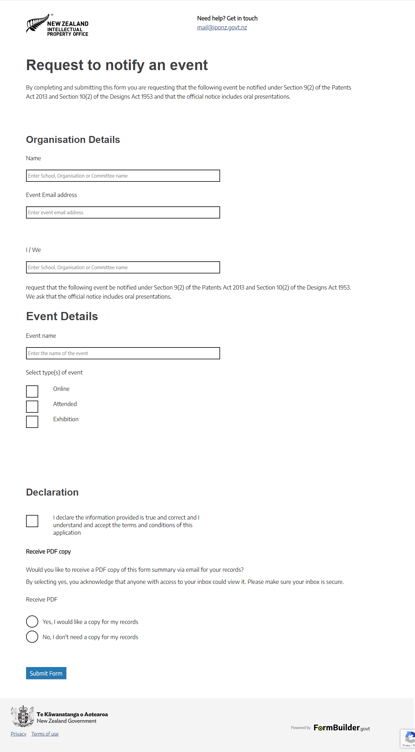 Screenshot of an online form request to notify an event. A full description of the content in this image can be found below.